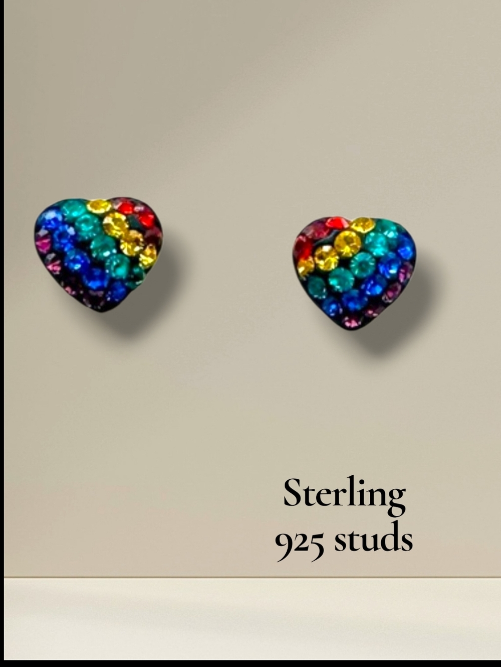 Sterling 925 Rainbow Heart Silver Stud Crystal Earrings Backs Included
